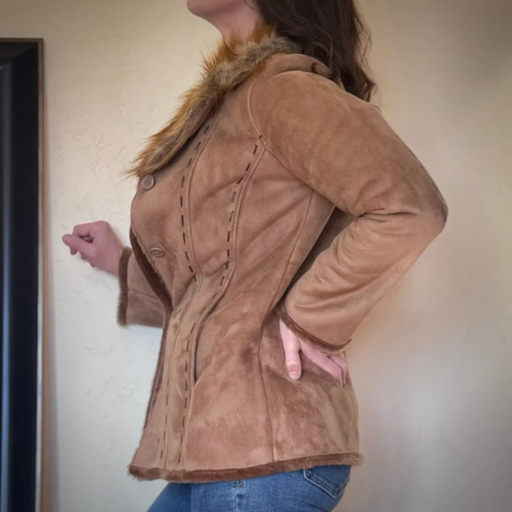 Anisette Women's Tan Suede with Faux Fur Collar & Faux Fur Lined Coat - Picture 2 of 6